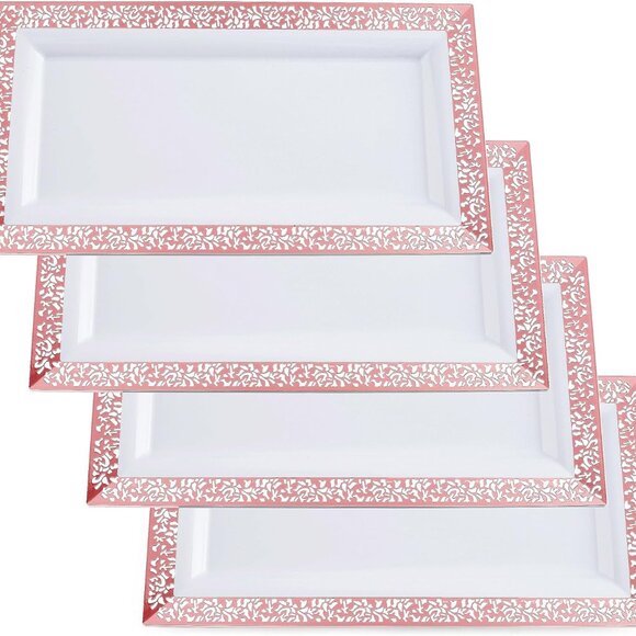 Plastic Serving Tray & Platter Set 4pk White & Rose Gold Lace Disposable Party T - Picture 1 of 6